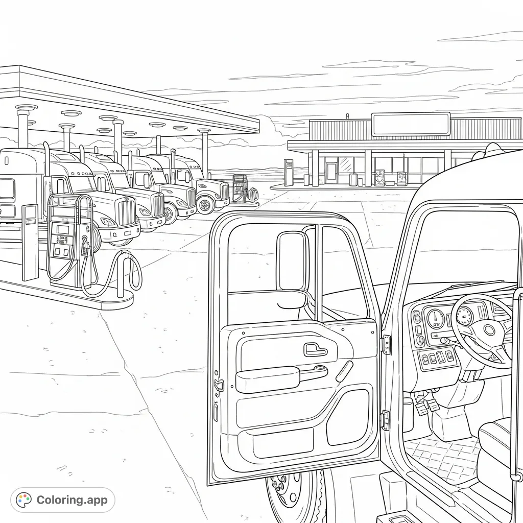 A detailed Peterbilt truck stop coloring page featuring multiple semi-trucks, fuel pumps, and a convenience store under a twilight sky, perfect for truck enthusiasts.