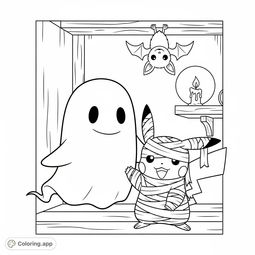 A charming Halloween Pikachu coloring page featuring Pikachu as a mummy sharing a friendly moment with a smiling ghost in a cozy, candlelit room with a hanging bat.
