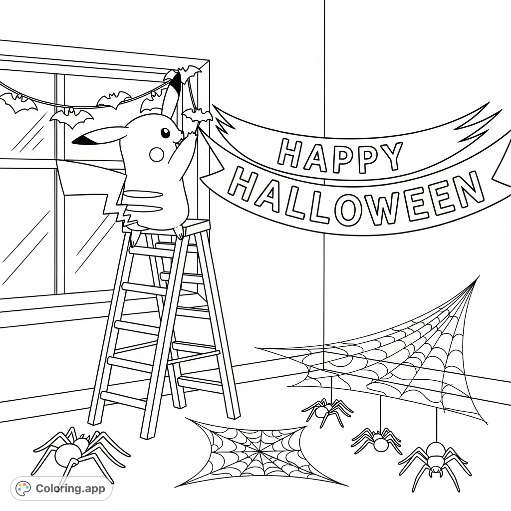 Join Pikachu as it decorates for Halloween! This free printable coloring page features Pikachu on a ladder, bat lights, spiderwebs, and a "Happy Halloween" banner.