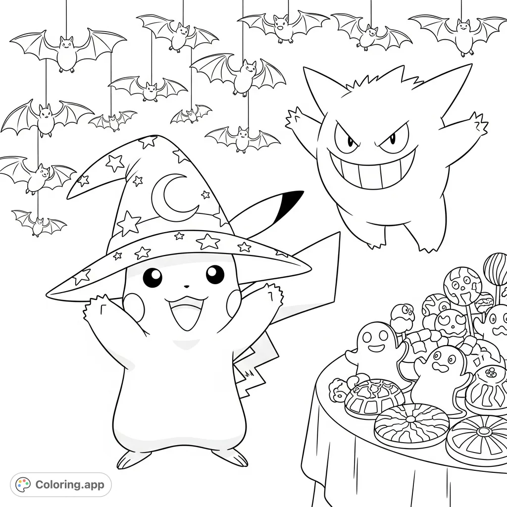 Pikachu, in a wizard hat, celebrates Halloween with Gengar, surrounded by hanging bats and a table full of ghost-shaped cookies and other spooky treats.