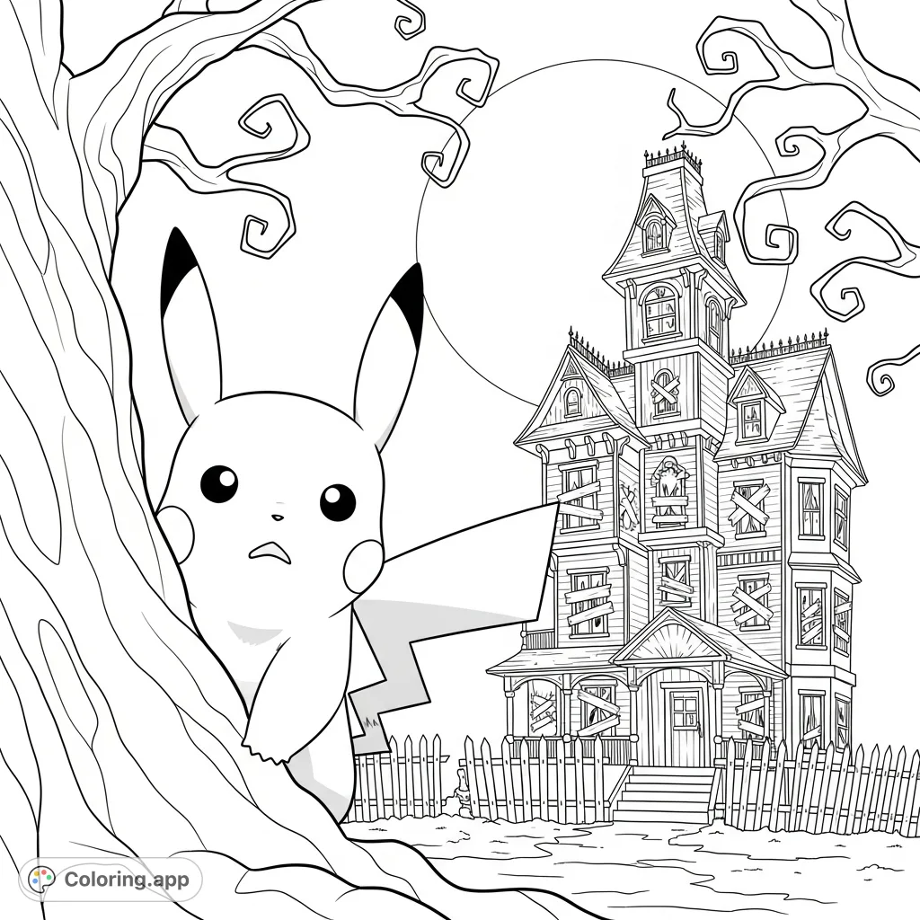 Pikachu peeks from a gnarled tree, observing a spooky Victorian house under a full moon. A mysterious and fun Pokémon coloring page for all ages.