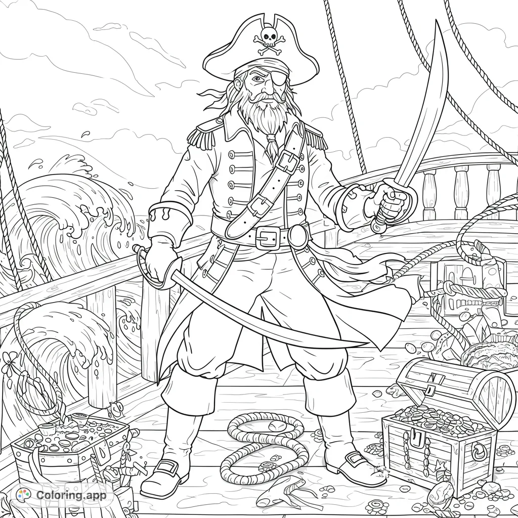 Embark on a swashbuckling pirate adventure! Color a brave captain on his ship, surrounded by overflowing treasure chests and crashing waves.