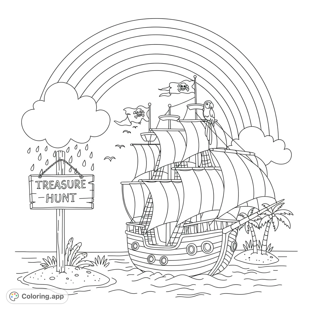 Embark on a pirate treasure hunt! A grand ship sails under a vibrant rainbow, with islands, palm trees, and a 'Treasure Hunt' sign.