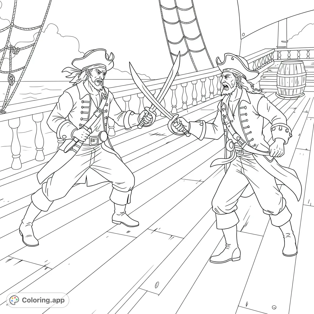 An action-packed pirate duel coloring page featuring two swashbuckling buccaneers clashing swords on a ship's deck, perfect for adventure lovers.