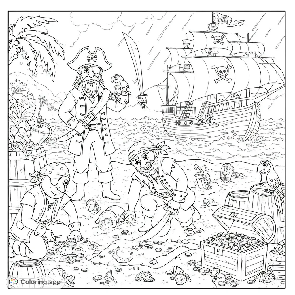 An exciting pirate treasure hunt scene featuring three pirates, a grand ship, and a beach full of gold. Perfect for adventure lovers!