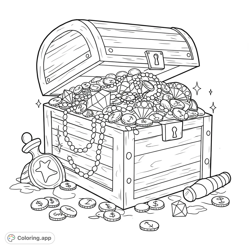 Discover an exciting pirate treasure chest coloring page, overflowing with gold coins, sparkling jewels, and pearls, ready for a colorful adventure.
