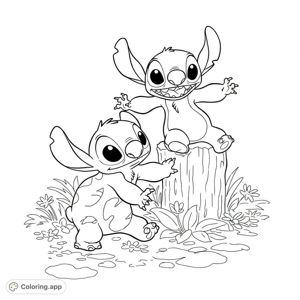Two adorable alien friends, like Stitch, play in a vibrant outdoor scene with a tree stump, flowers, and grass. A fun, free printable coloring page for kids!
