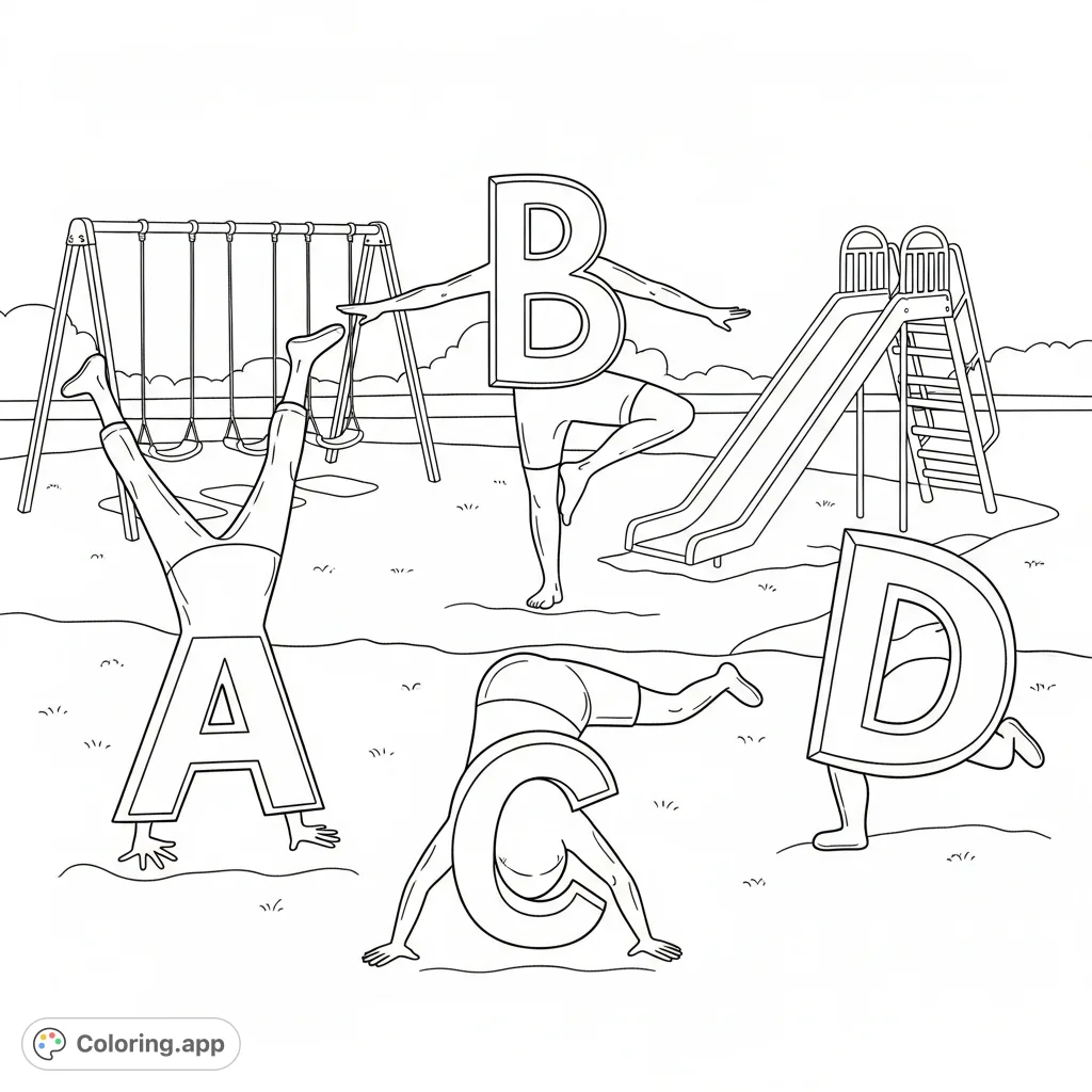 A vibrant alphabet playground coloring page featuring A, B, C, and D in dynamic, joyful poses amidst swings and a slide. A fun, free printable for kids!