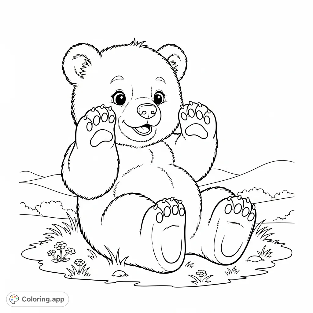 A cute baby bear lies on its back, paws playfully raised, with a joyful expression. A charming scene for all ages to color and enjoy.