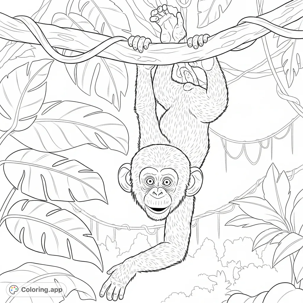 A cute baby chimpanzee hangs playfully upside down from a thick jungle vine amidst lush tropical leaves, offering a delightful scene for coloring.