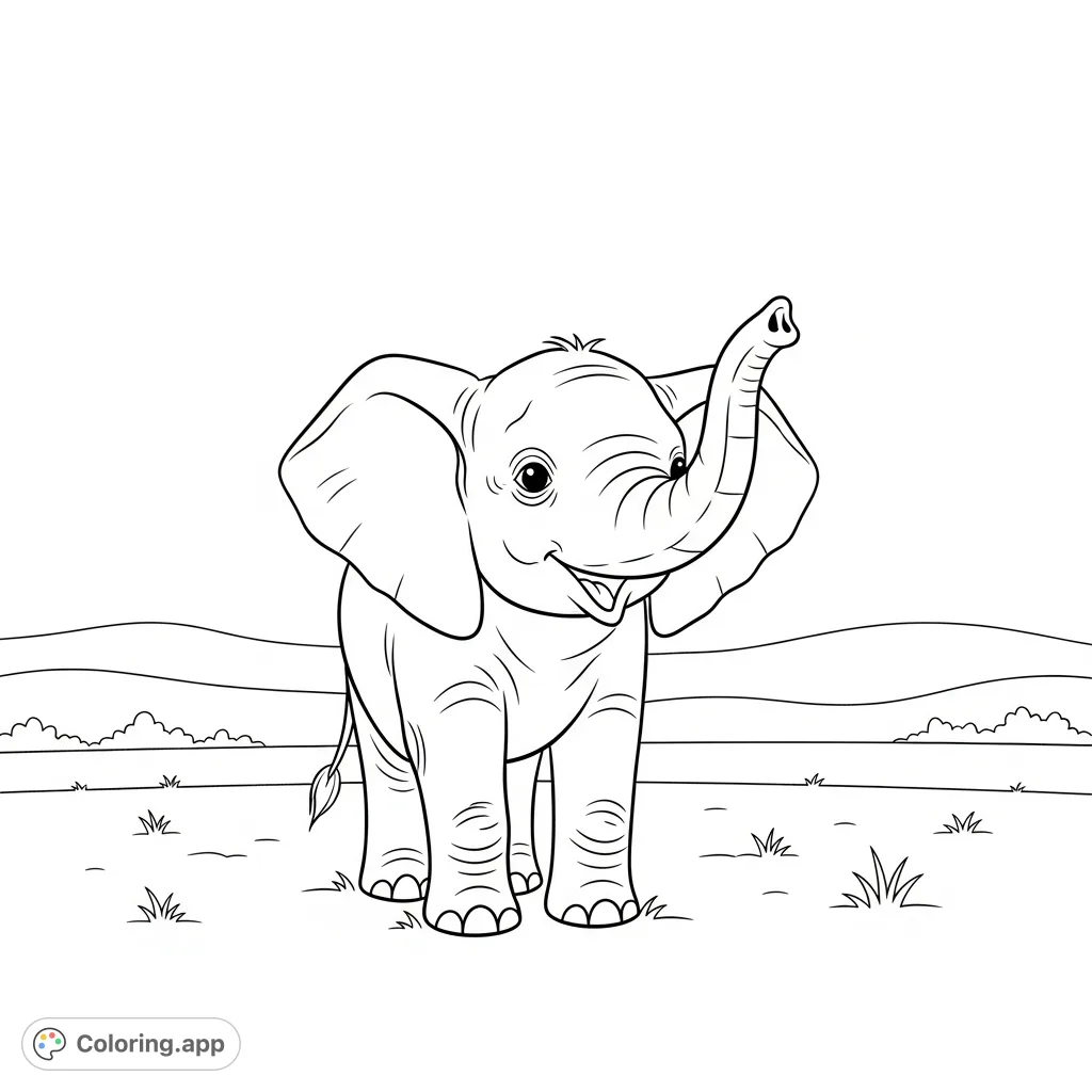 A charming baby elephant playfully raises its trunk, showcasing its adorable features in a simple, engaging scene, perfect for joyful coloring.
