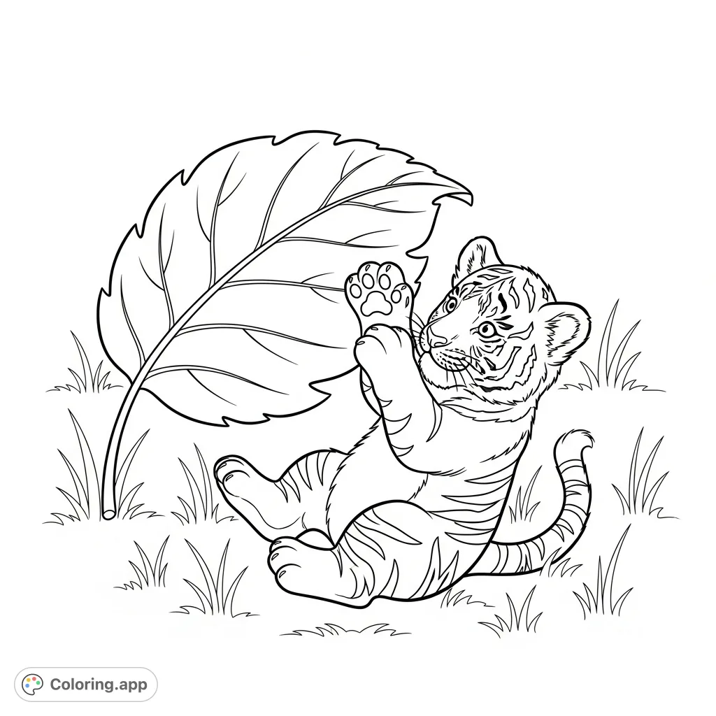 A charming coloring page featuring a fluffy baby tiger cub playfully interacting with a large leaf in a grassy setting. Perfect for all ages.