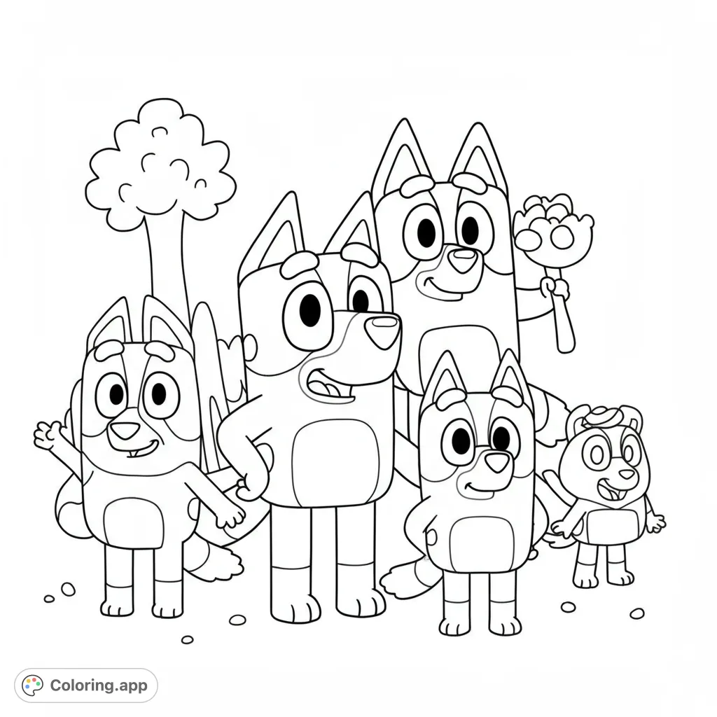 A delightful Bluey-inspired coloring page featuring five happy cartoon dogs and a tree. Perfect for kids to color and enjoy!