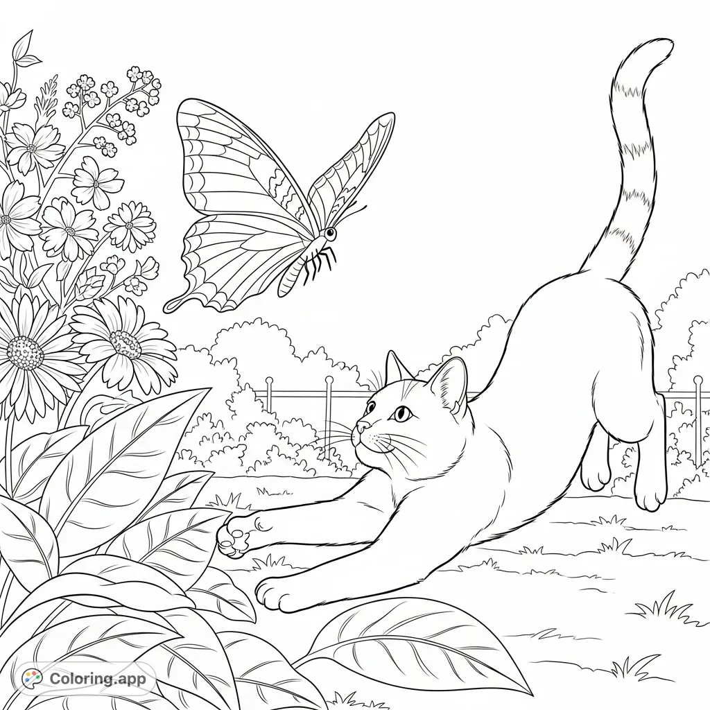 Capture a lively garden scene with a playful cat mid-pounce, chasing a delicate butterfly amidst blooming flowers and lush foliage. Perfect for all ages!