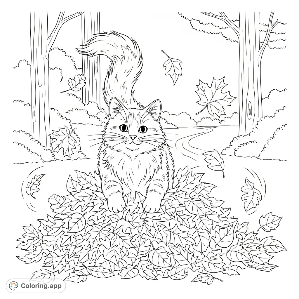 A charming coloring page featuring a fluffy cat playfully exploring a vibrant pile of autumn leaves, surrounded by a serene autumnal landscape.