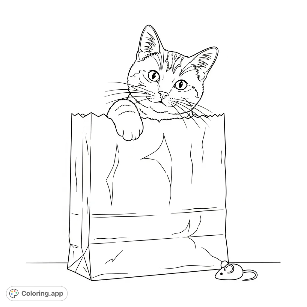 A charming coloring page featuring a domestic cat playfully peeking from a crinkled paper bag, paws on the edge. A delightful scene for all ages.