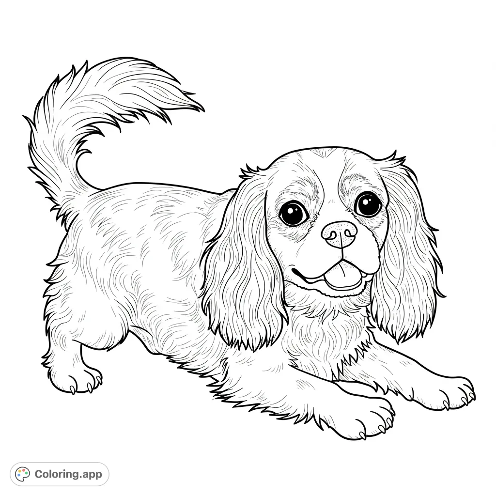 A charming Cavalier King Charles Spaniel dog in a playful pose, ready for coloring. Features detailed fur and an adorable, happy expression.