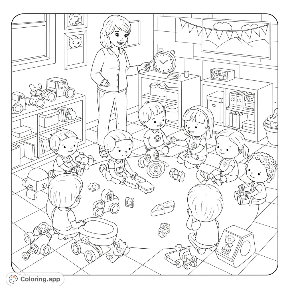 Engaging classroom scene with a teacher and children playing with toys. Perfect for learning and fun. Free printable coloring page for kids.