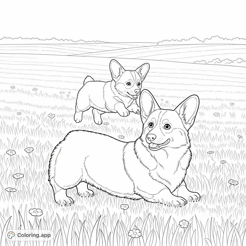 A delightful coloring page featuring an adult Corgi and an adorable puppy interacting playfully in a wide, open field with grass and wildflowers.