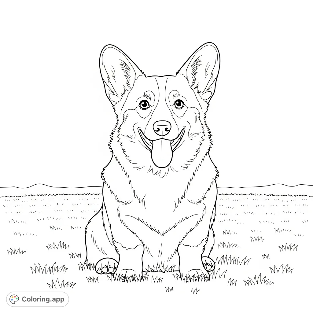 A charming corgi sits with its tongue out, featuring fluffy chest and upright ears against a simple grassy background. Perfect for dog lovers!