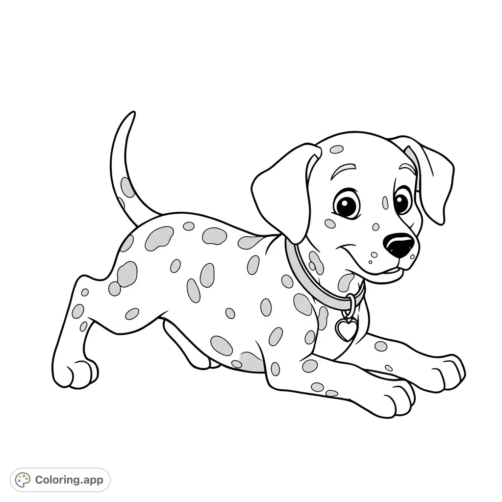 A charming Dalmatian puppy coloring page, perfect for dog lovers! Features a playful pup with a heart tag, ready for your creative colors.