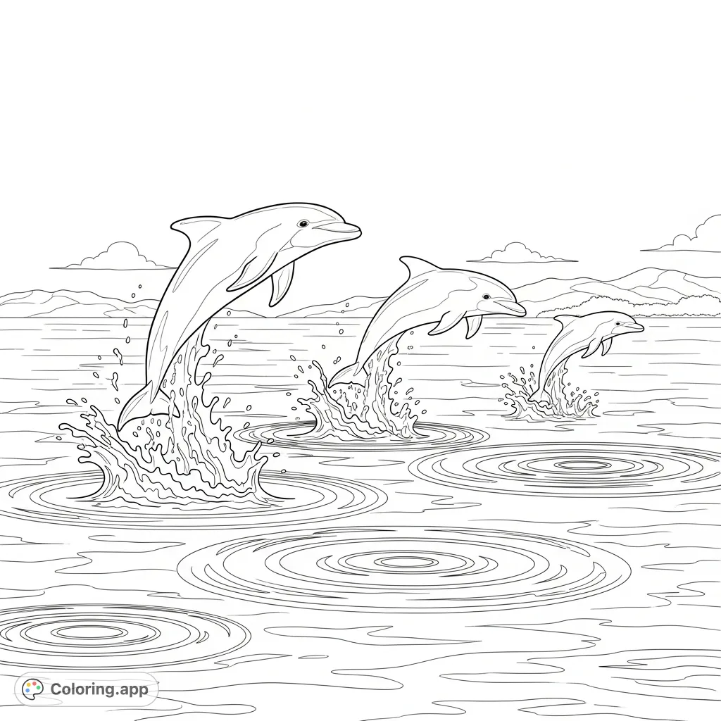 Three energetic dolphins leap playfully from the ocean, creating splashes and ripples, with tropical hills in the distance. A delightful marine scene.