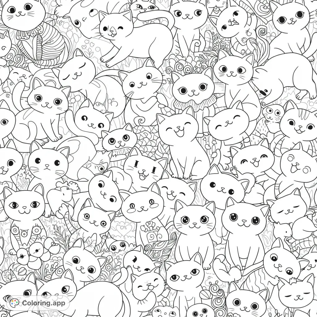 An adorable seamless pattern of playful cats in various poses, surrounded by whimsical floral and abstract designs, perfect for a fun coloring experience.