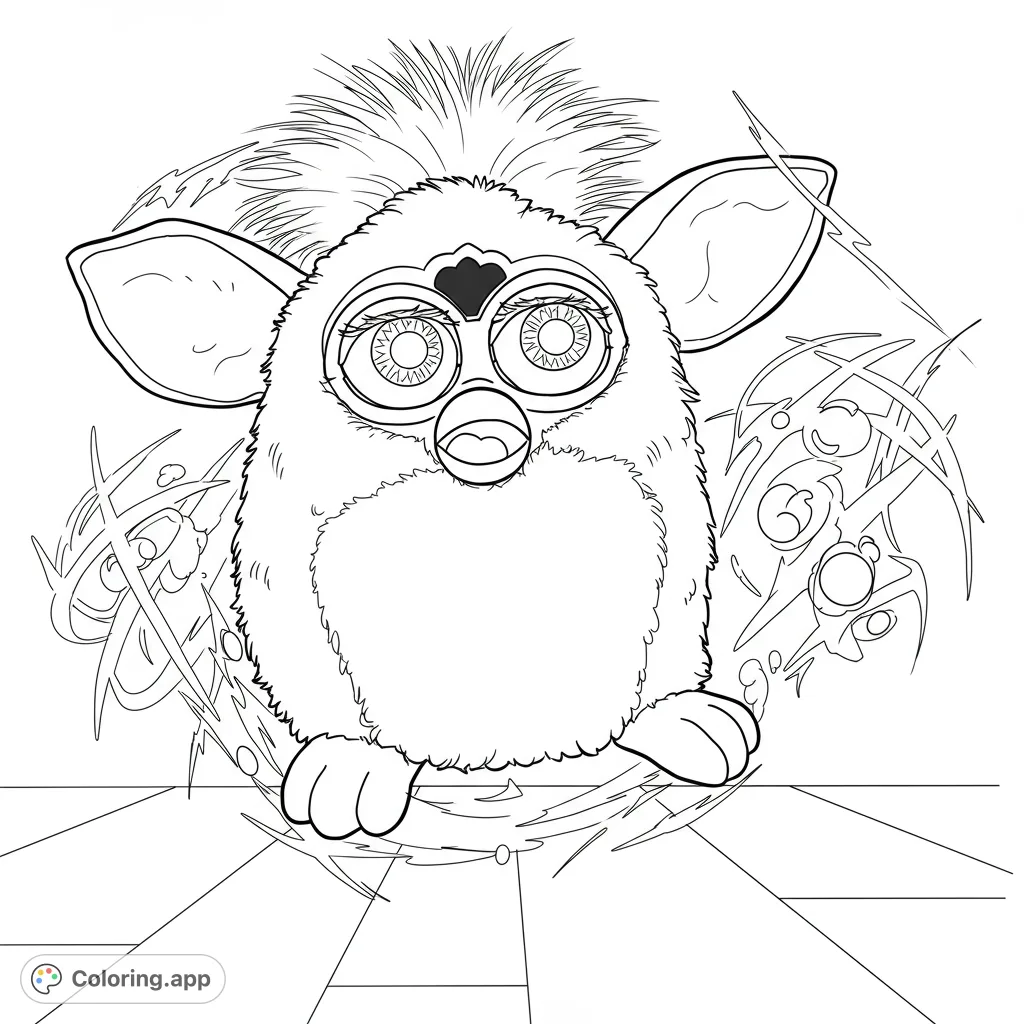 An adorable, fluffy creature with large eyes and a spiky top, surrounded by dynamic energy swirls, perfect for a fun coloring adventure.