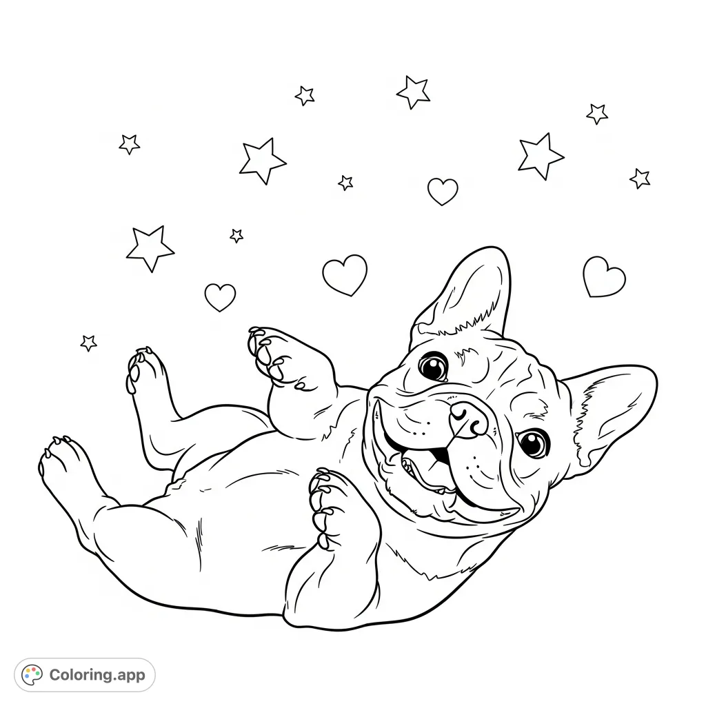 A charming French bulldog lies on its back, paws up, with a joyful expression. The minimal background features scattered stars and hearts for a whimsical touch.