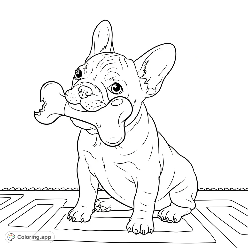 A cute French bulldog puppy happily chewing a toy bone on a simplified textured rug. Detailed features include its alert ears and playful posture.