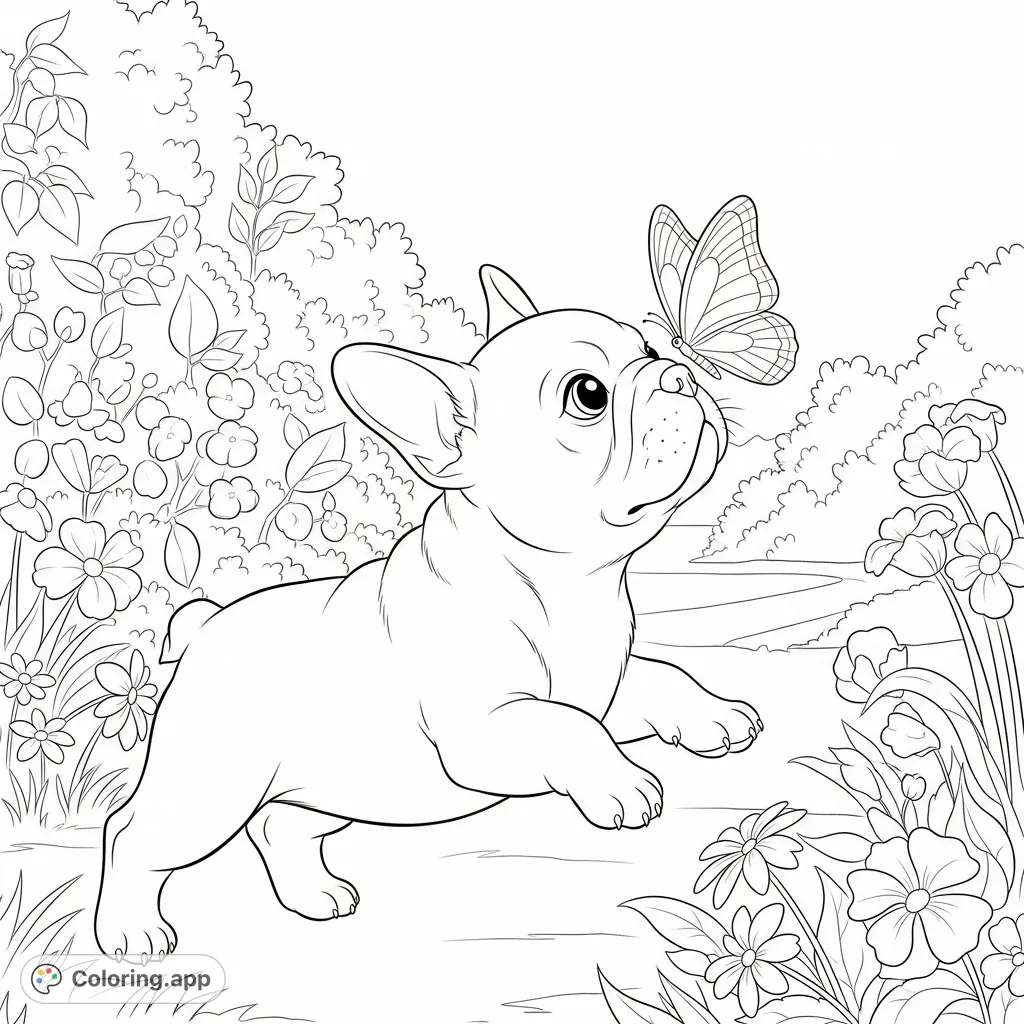 A charming French bulldog puppy with a soft expression engages playfully with a delicate butterfly in a lush garden, perfect for nature and animal lovers.
