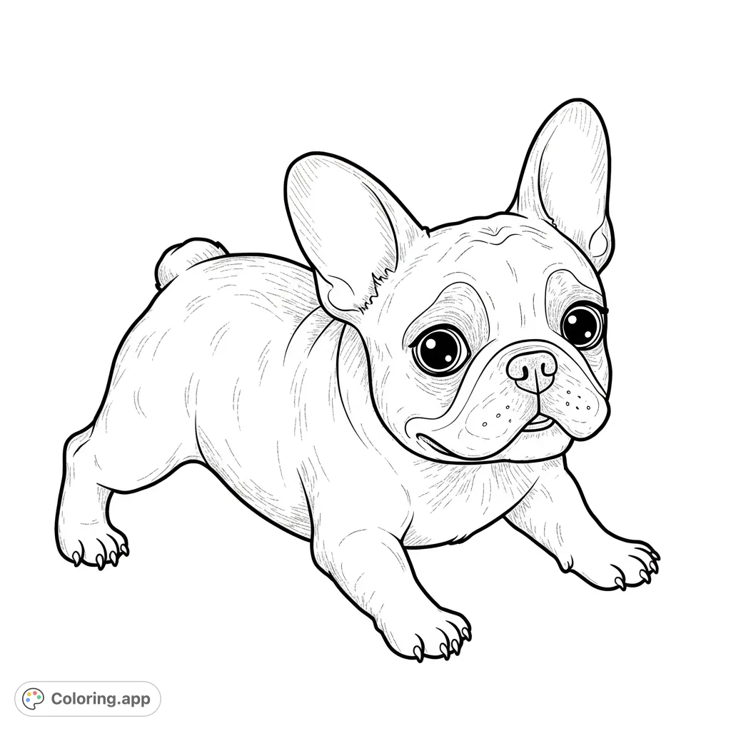 An adorable French Bulldog puppy in a playful crouch, ready for coloring. A charming free printable coloring page for dog lovers of all ages.