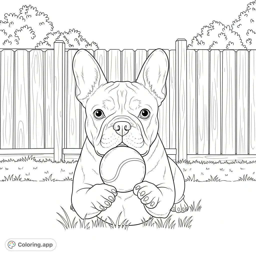 An adorable French bulldog eagerly holding a tennis ball, ready for playtime. Set against a backyard fence, this detailed page captures canine joy.