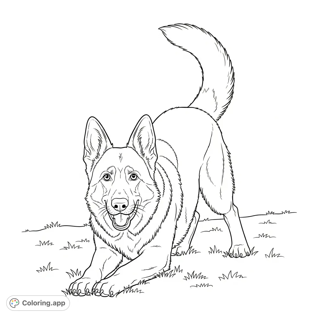 Capture the joyful spirit of a German Shepherd in a playful bow, ready for fun. A detailed, engaging coloring page for all animal lovers.