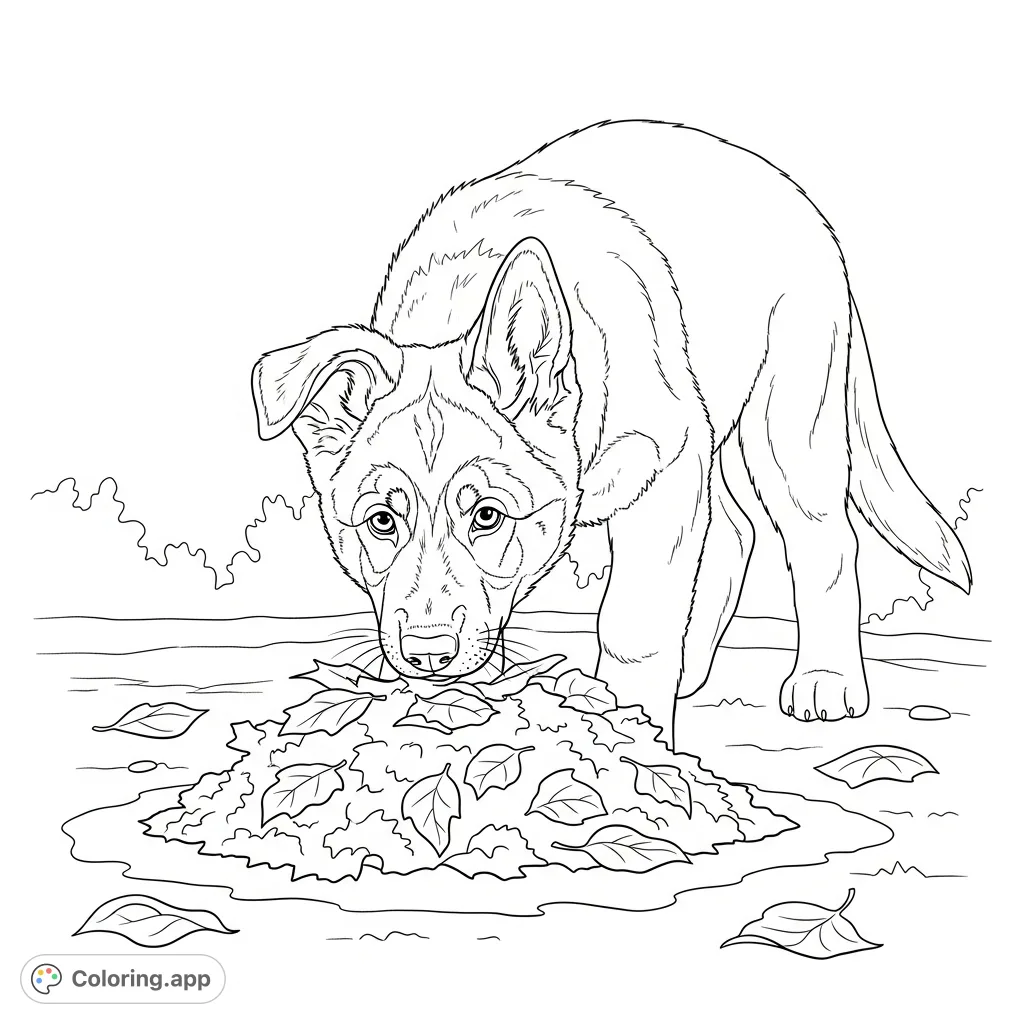 A charming coloring page featuring a German shepherd pup nose-deep in a small pile of autumn leaves, ready for a playful coloring adventure.