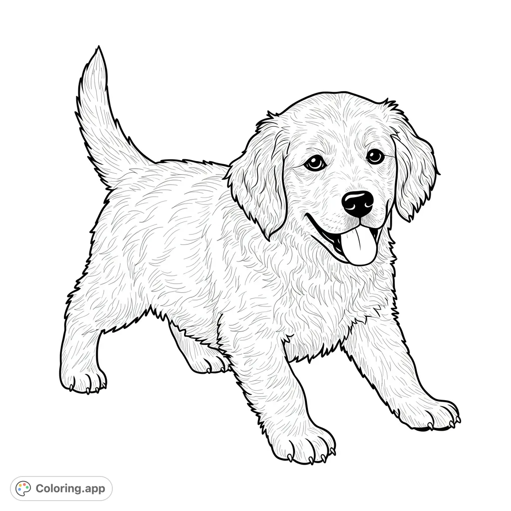 An adorable golden retriever puppy with a happy, playful expression, perfect for a free printable puppy coloring page. Features detailed fur textures.