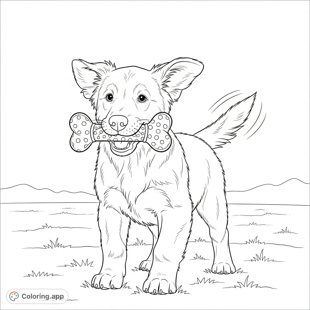 A charming golden retriever puppy in a playful pose, happily chewing on a large bone. Perfect for dog lovers and a delightful coloring experience.