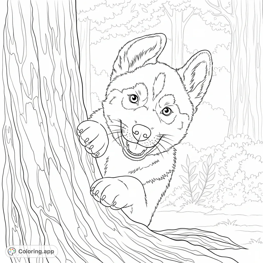 A delightful husky puppy peeking with a playful grin from behind a sturdy tree trunk, surrounded by soft forest foliage. Perfect for animal lovers.