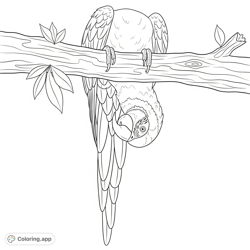 A detailed coloring page featuring a blue-and-gold macaw hanging playfully upside down from a textured tree branch amidst minimal foliage, inviting creative expression.