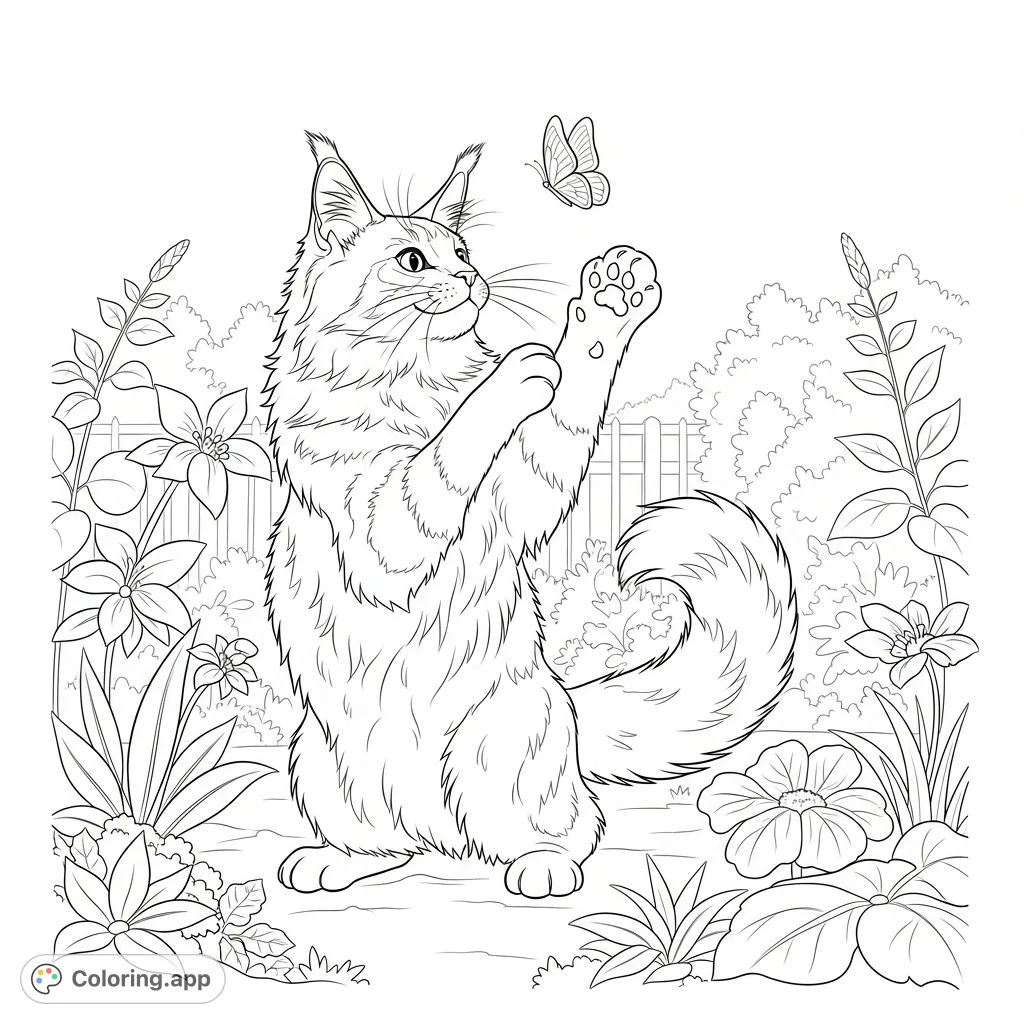 A fluffy Maine Coon cat playfully bats at a delicate butterfly amidst a lush garden. Features detailed fur, intricate plant life, and a whimsical scene.