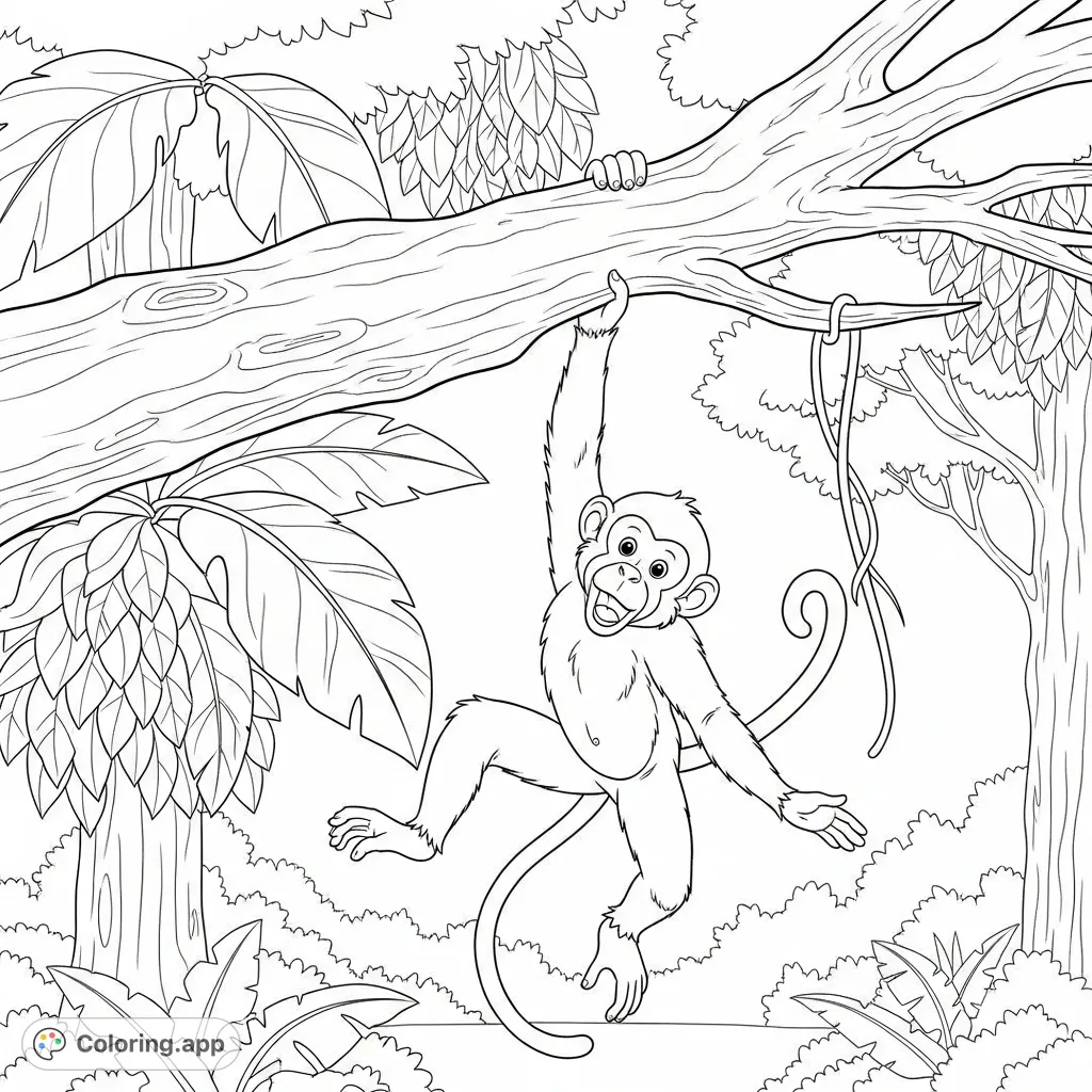 A cheerful monkey swings from a sturdy tree branch amidst lush jungle foliage, with a curling tail and expressive face, inviting a vibrant coloring adventure.