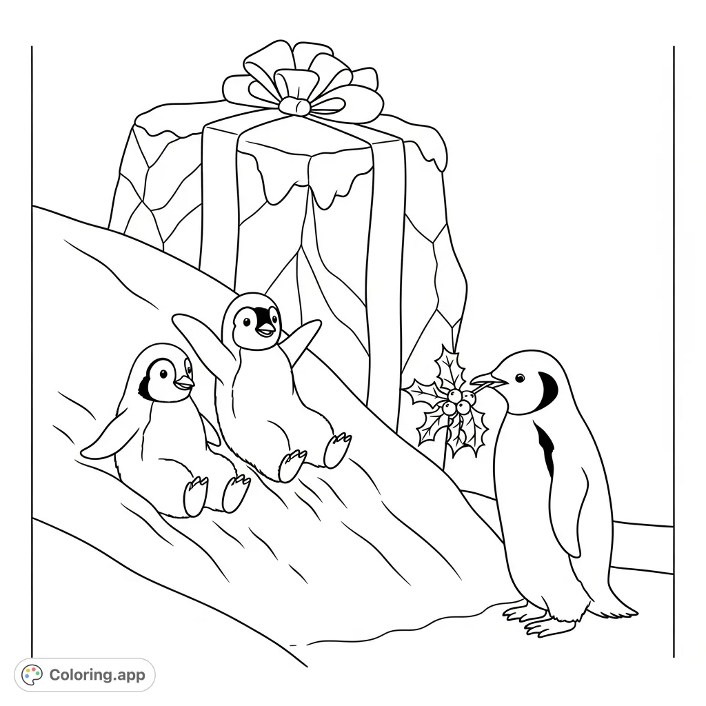 Two young penguins joyfully slide down a snowdrift while a parent watches, holding holly. A snowy rock resembling a present completes this charming winter scene.