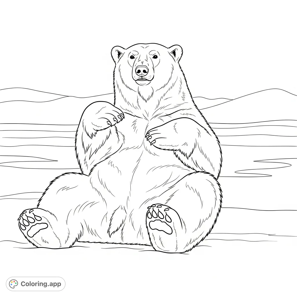 A delightful coloring page featuring a playful polar bear lying on its back with paws up on a minimal ice background. Perfect for all ages!