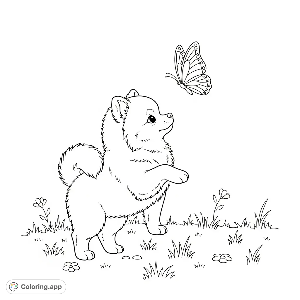 A cute Pomeranian puppy playfully interacting with a delicate butterfly in a simple grassy setting, perfect for charming and lighthearted coloring fun.