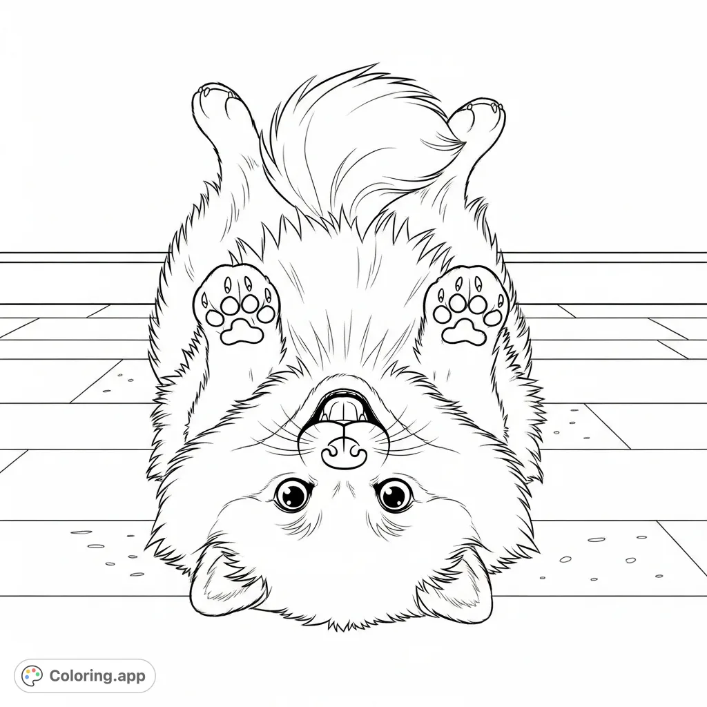 A charming coloring page featuring a fluffy Pomeranian dog playfully lying on its back with all paws raised, showcasing an adorable, happy expression.