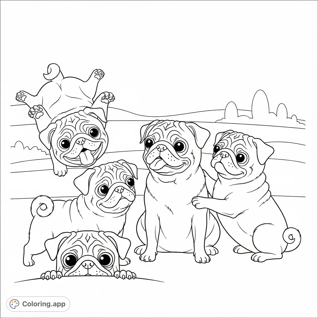 A delightful coloring page featuring four adorable pugs in various playful poses, set against a simple, serene background, perfect for pet lovers.
