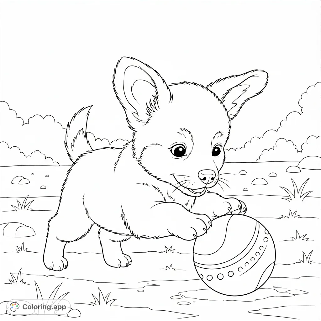 A cute, fluffy baby puppy with floppy ears is playfully pouncing on a patterned ball in a grassy outdoor setting, ready for coloring fun.