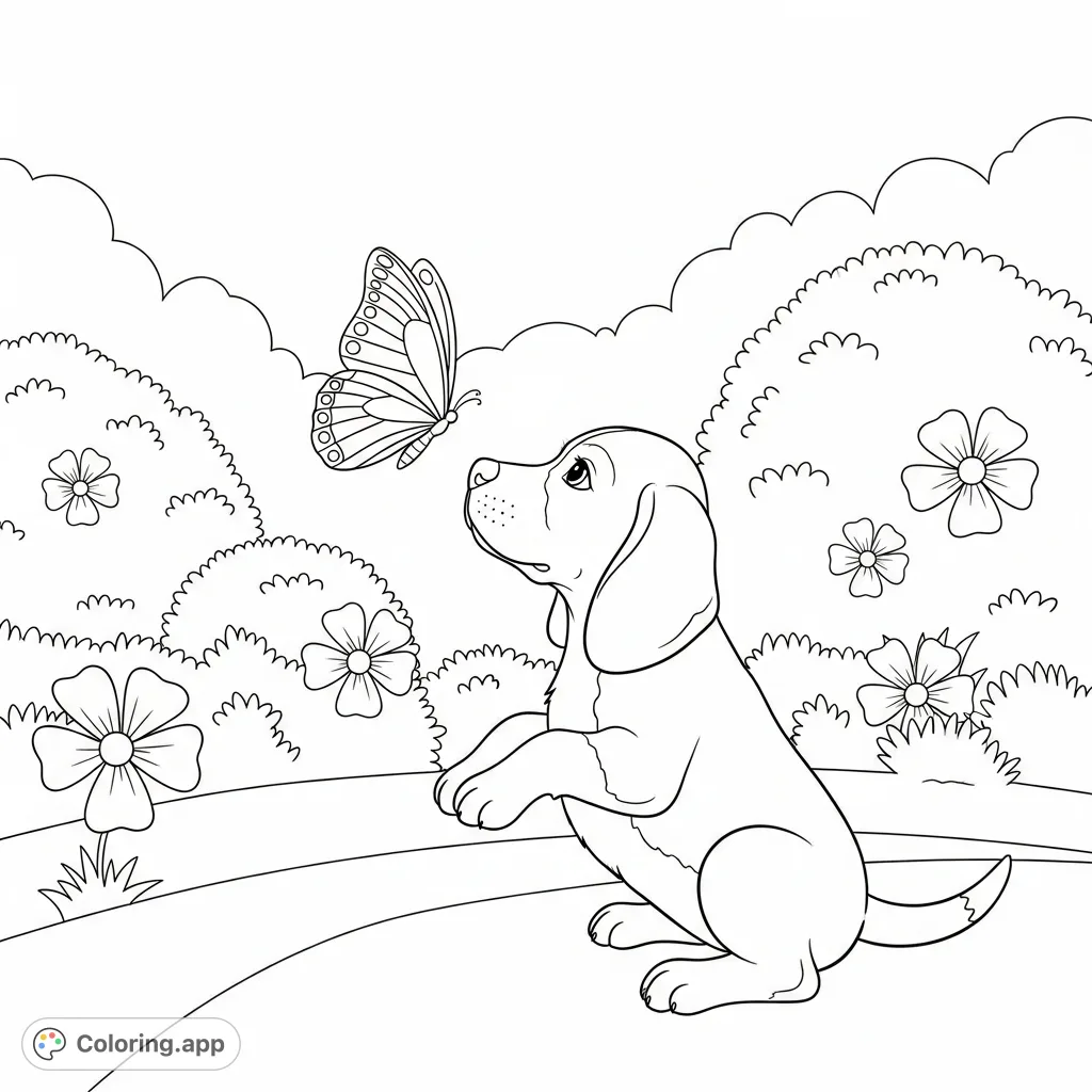 A cheerful beagle puppy interacts playfully with a delicate butterfly in a simplified, inviting garden scene, perfect for joyful coloring.