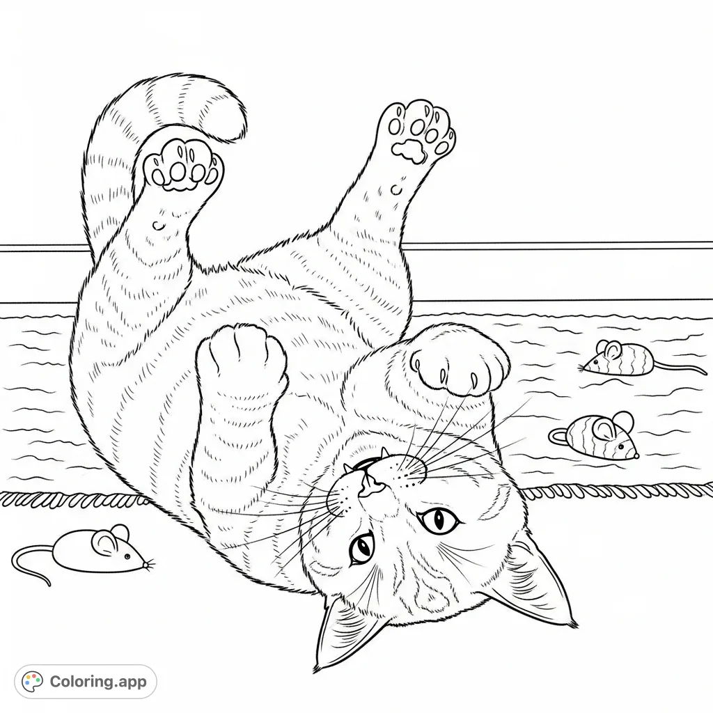 A charming coloring page featuring a domestic cat playfully rolling on its back, paws up, with a joyful expression. A cozy rug and toy mice complete the scene.
