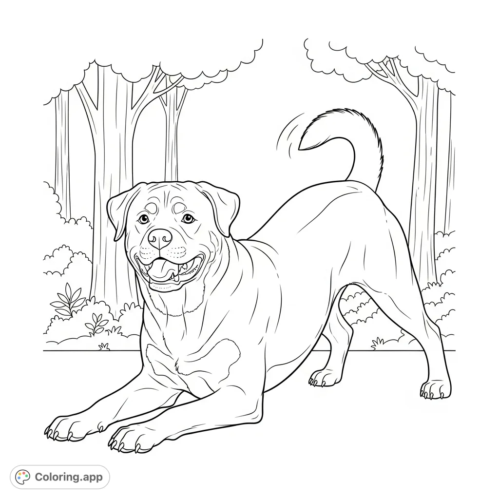 A lively Rottweiler in a classic play bow, inviting fun and creativity. Minimal forest background ensures the focus remains on this joyful canine companion.